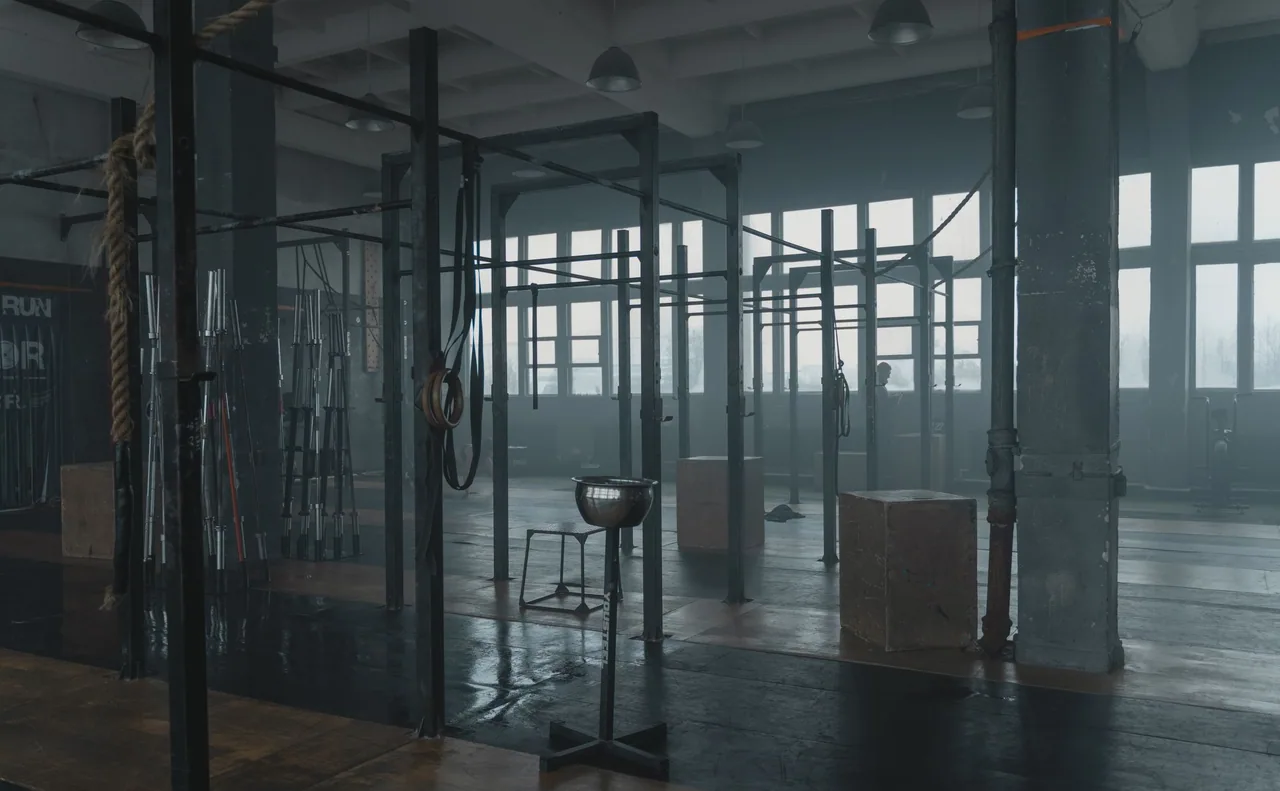 Koyu tonlu bir spor salonunun iç görünümü ve ekipman düzeni
